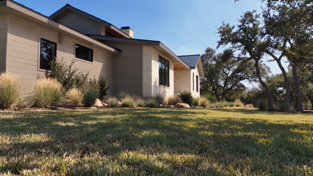Conceptual aerial rendering gliding past the side of the home and the live oaks at 464 Ranch
