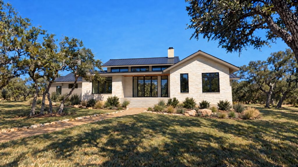 Conceptual aerial rendering approaching the limestone front exterior and standing-seam metal roof of 168 Crooked Creek Court
