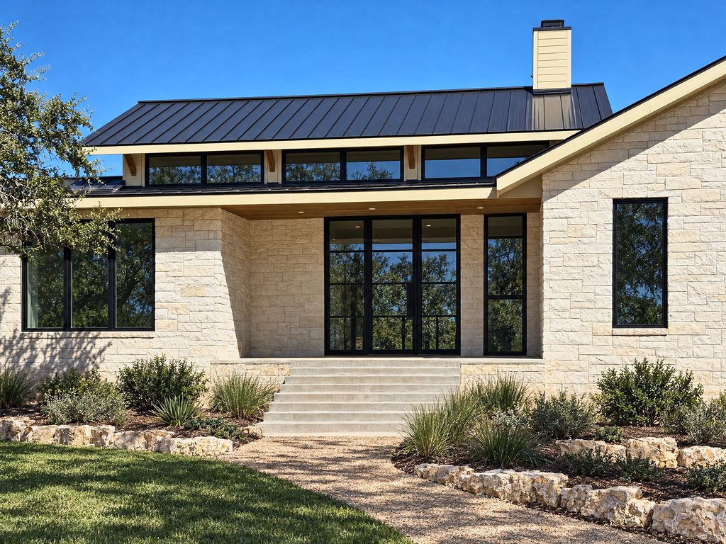 Conceptual rendering of 168 Crooked Creek front exterior with cedar porch soffit, black-framed glass entry doors and clerestory windows, Johnson City, TX