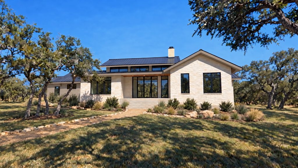 Conceptual rendering of 168 Crooked Creek Court front exterior in Johnson City, TX: single-story limestone home with tan painted trim, a standing-seam metal roof and live oaks