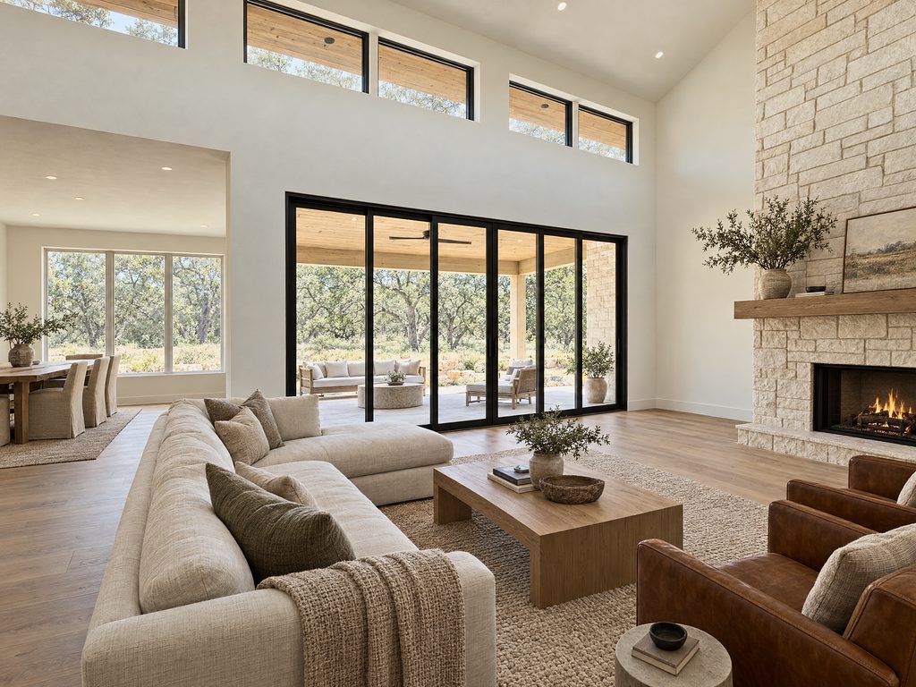 Conceptual rendering of the 168 Crooked Creek great room facing the black-framed patio doors, with clerestory windows and limestone fireplace, Johnson City, TX