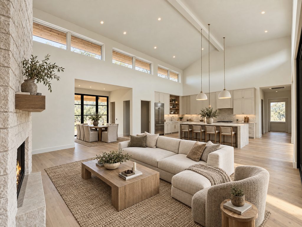 Conceptual rendering of the 168 Crooked Creek kitchen and great room under a vaulted ceiling with clerestory windows and island seating, Johnson City, TX