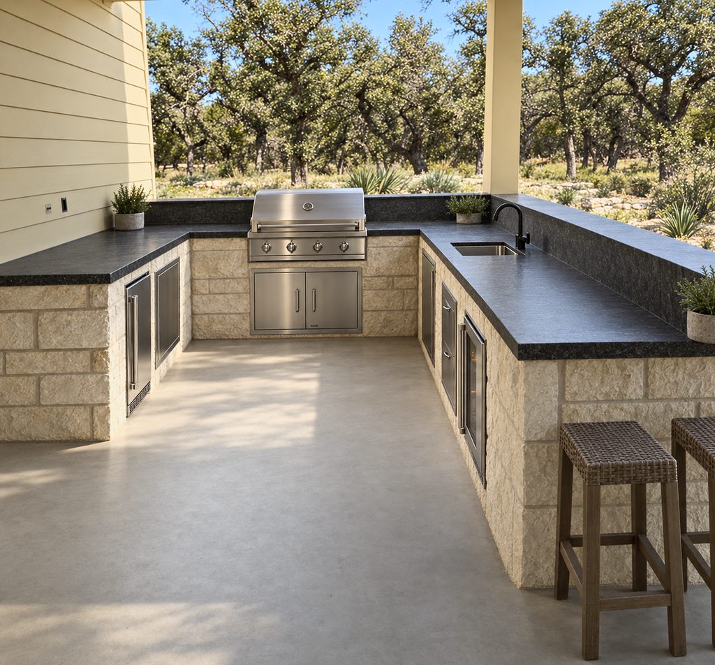 Conceptual rendering of the 168 Crooked Creek covered summer kitchen designed with a centered 36-inch Alfresco grill, sink on the right counter and refrigeration in both lower runs, Hill Country outdoor living in Johnson City, TX